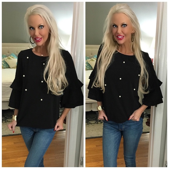 ❤️LAST 1! Pearl Detail 3/4 Sleeve Ruffle Top - Picture 4 of 5